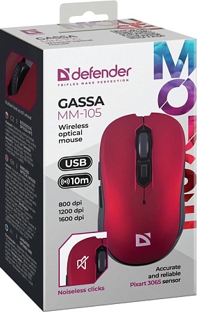 Беспроводная оптическая мышь DEFENDER Gassa MM-105 красный,6D,800-1600dpi,бесшумн Беспроводная оптическая мышь DEFENDER Gassa MM-105 красный,6D,800-1600dpi,бесшумн