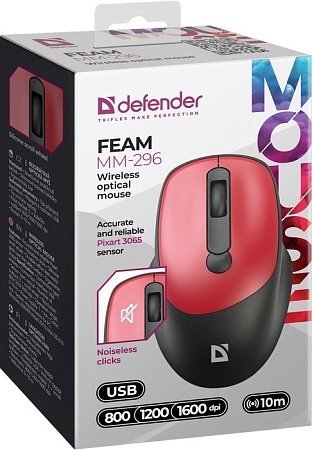 Мышь беспроводная оптическая Defender Feam MM-296 красный (4D,800-1600dpi,бесшумн)
