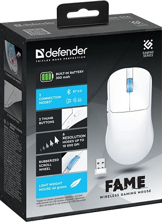 Мышь беспроводная игровая DEFENDER Fame GM-516 белый (5кнопок,10000dpi)