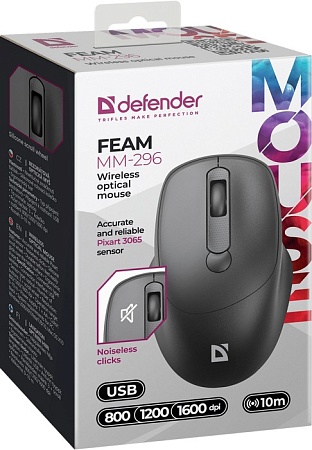 Мышь беспроводная оптическая Defender Feam MM-296 черный (4D,800-1600dpi,бесшумн) Мышь беспроводная оптическая Defender Feam MM-296 черный (4D,800-1600dpi,бесшумн)