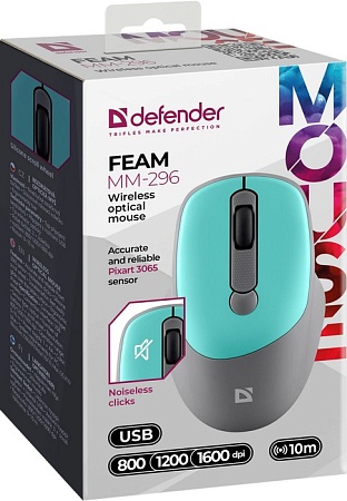 Мышь беспроводная оптическая Defender Feam MM-296 мятный (4D,800-1600dpi,бесшумн)