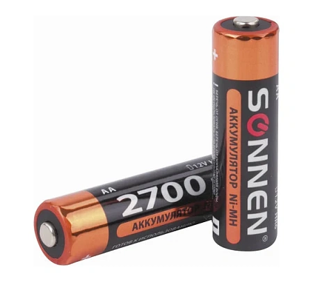 Батарейки аккумуляторные Ni-Mh пальчиковые АА (HR6) 2700mAh, SONNEN, 454235 Батарейки аккумуляторные Ni-Mh пальчиковые АА (HR6) 2700mAh, SONNEN, 454235