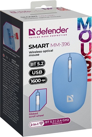 Беспроводная оптическая мышь DEFENDER Smart MM-396 Син,3кн,2.4G+BT,500мАч,1600dpi