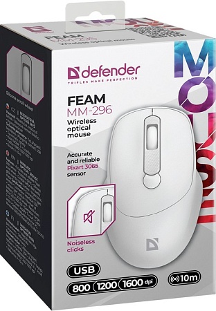 Мышь беспроводная оптическая Defender Feam MM-296 белый (4D,800-1600dpi,бесшумн) Мышь беспроводная оптическая Defender Feam MM-296 белый (4D,800-1600dpi,бесшумн)