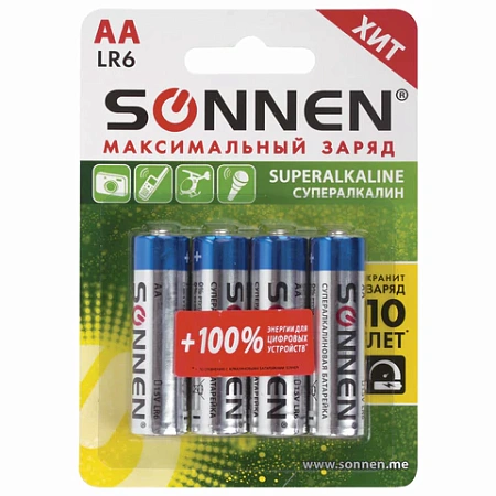 Батарейки КОМПЛЕКТ 4шт, SONNEN Super Alkaline, АА(LR6,15А), алкалиновые, пальчиковые, 451094 Батарейки КОМПЛЕКТ 4шт, SONNEN Super Alkaline, АА(LR6,15А), алкалиновые, пальчиковые, 451094