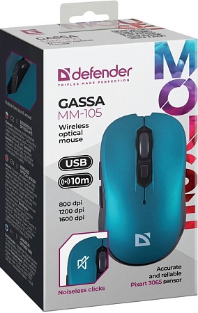 Беспроводная оптическая мышь DEFENDER Gassa MM-105 бирюзов,6D,800-1600dpi,бесшумн Беспроводная оптическая мышь DEFENDER Gassa MM-105 бирюзов,6D,800-1600dpi,бесшумн