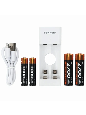 Зарядное устройство с аккумуляторами 4 шт (2+2) AA+AAA (HR6+HR03) 2700mAh+1000mAh SONNEN BC2, 455005